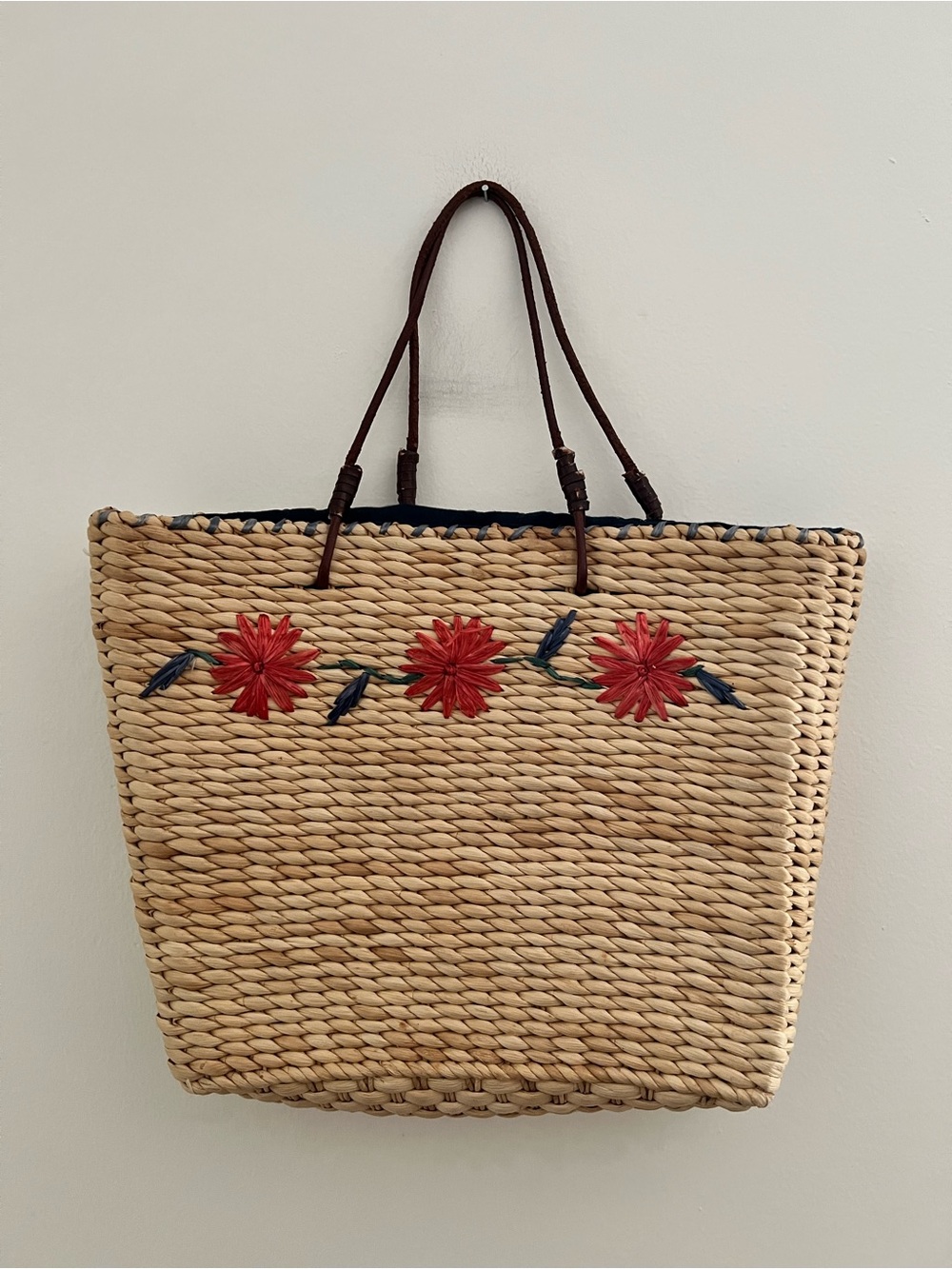 Liz Claiborne Crazy Horse Vintage Straw Tote with Red Floral Embroidery